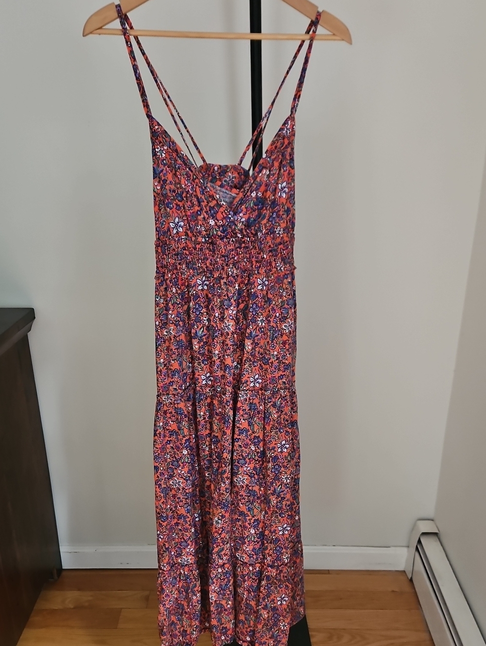 Universal Thread Coral and Blue Floral Maxi Dress with Spaghetti Straps